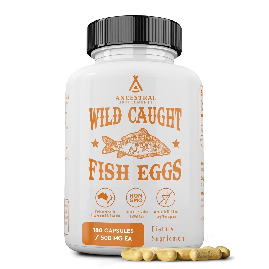 Ancestral Supplements Wild Caught Fish Eggs, 2400 mg, Omega-3 Supplement Supports Brain, Heart, Fertness and Inflammatory Health, Whole Food Source of Vitamin D, K2, ve A, Non-GMO, 180 Capsules