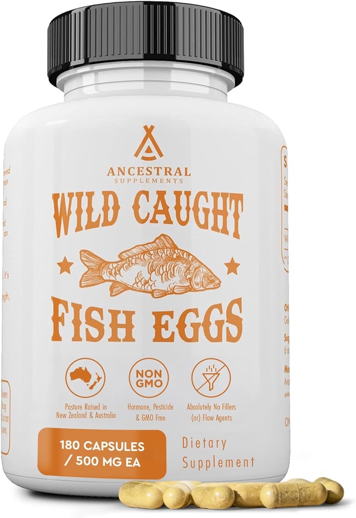 Ancestral Supplements Wild Caught Fish Eggs, 2400 mg, Omega-3 Supplement Supports Brain, Heart, Fertness and Inflammatory Health, Whole Food Source of Vitamin D, K2, ve A, Non-GMO, 180 Capsules