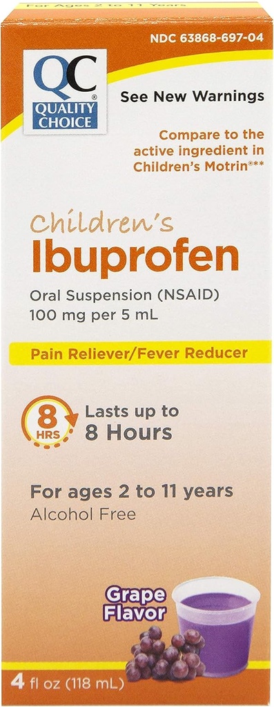 Quality Choice Children's Ibuprofen 100mg πόσιμη αναστολή, πόνος/αναπνευστήρας, άρωμα σταφυλιού 4 FL OZ