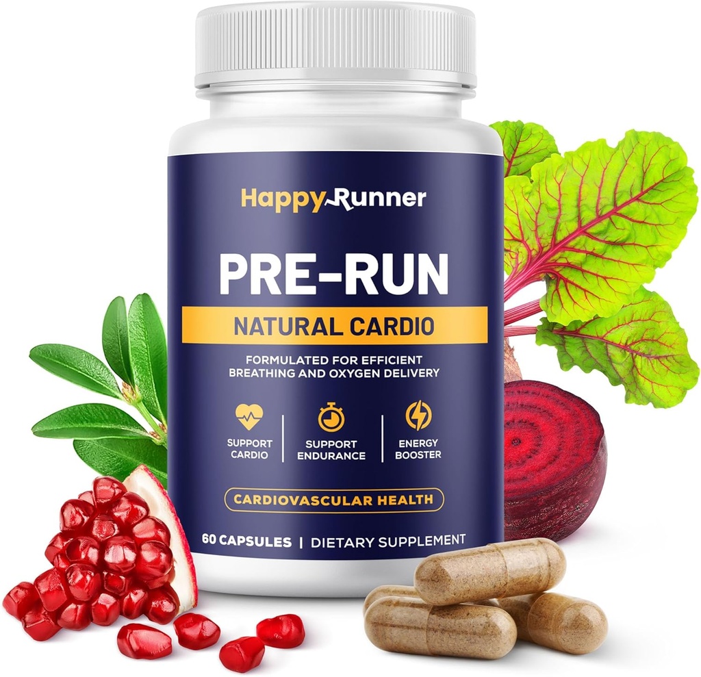 Happy Runner: Pre-Run - Gelişen Oksijen Teslimatı, Respiratory Verimliliği, Boosts Endurance, Nitrik Oksit ATM, Improv Blood Flow, Run Supplements, Cardiovascular Health