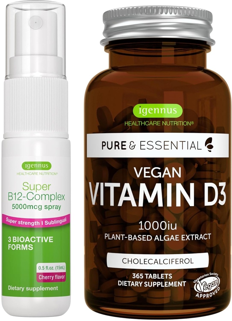 Vegan D3 + Super B12-Complex 500006 Vegan Sche, 365 1000iu Vitamin D3 Tablet + Yüksek Güçlü B12 Cherry Flavor Sublingual Spray, by Igennus