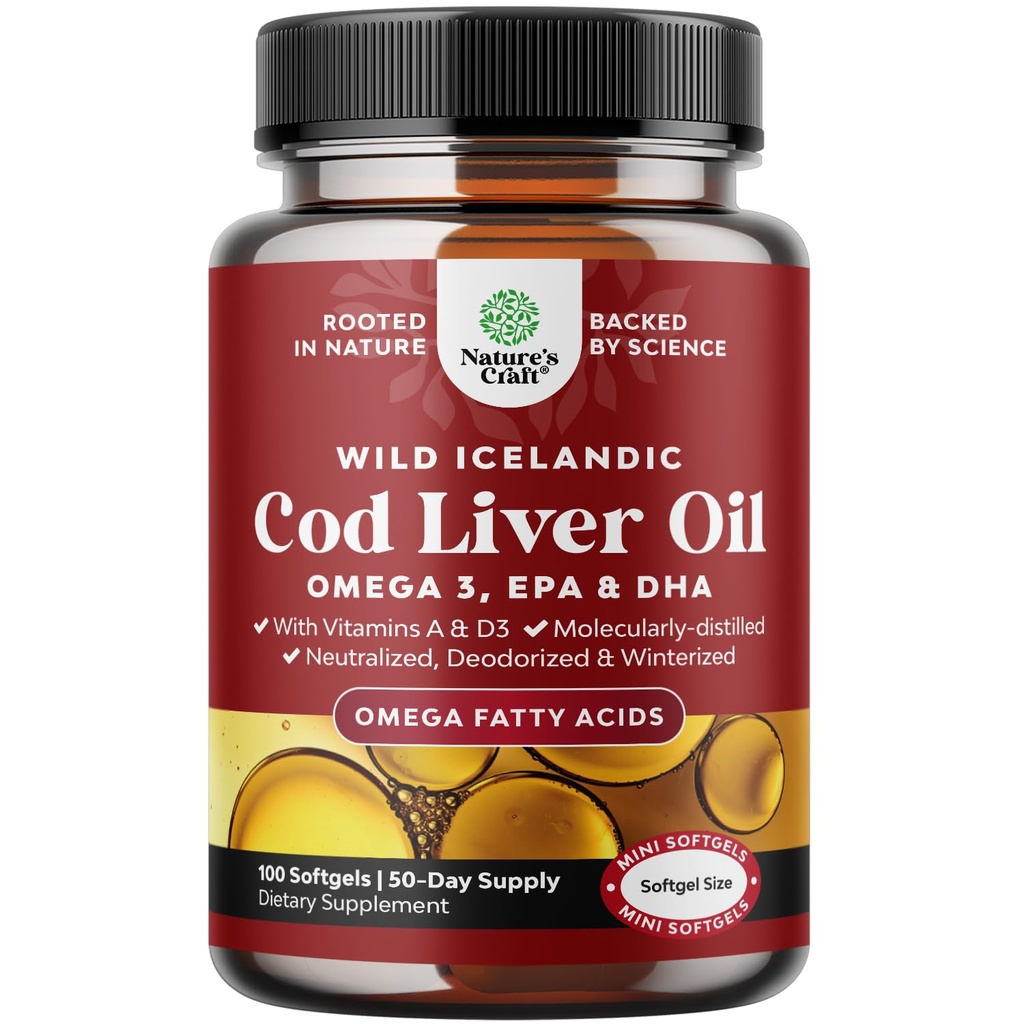 İzlandalı Vahşi Caught Cod Liver Oil Softgels - Fish Omega 3, EPA, DHA, D & A, 1000 mg Per Servis - Burpless Capsules for Heart, Joint, Brain & Immune Support - 100 Count