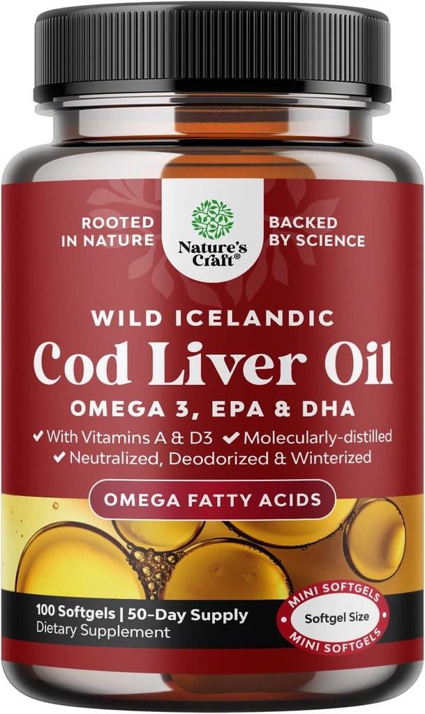 Ισλανδικό Άγριο Πιάστηκε Cod Liver Oil Softgels - Ψάρια Ωμέγα 3, EPA, DHA, βιταμίνη D & A, 1000mg ανά υπηρεσία - Άψογες κάψουλες για την καρδιά, κοινή, εγκέφαλος & ανοσοποιητική υποστήριξη - 100 κόμης