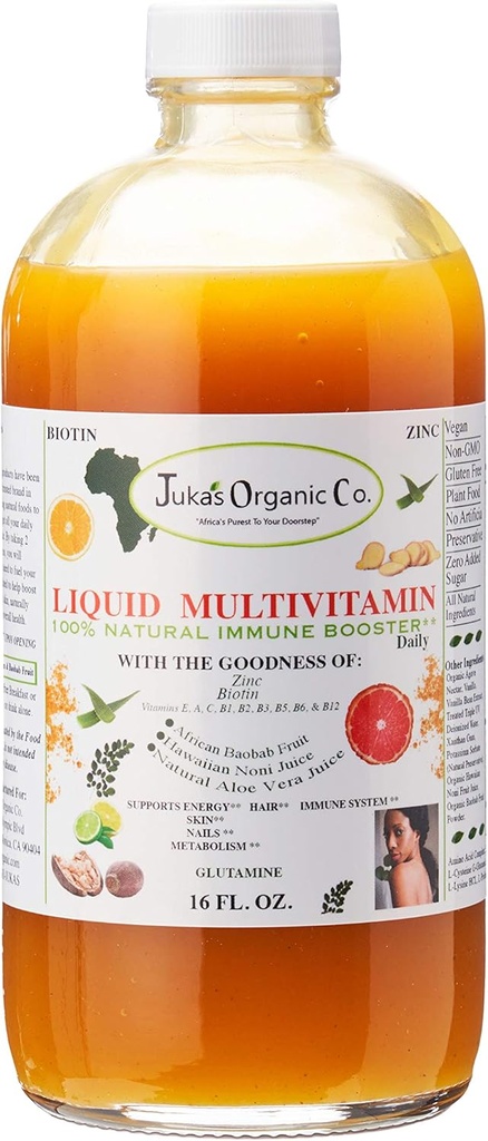 Juka's Organic Co. Liquid Multivitamin for Skin | Hair | Nails with çinko | Biotin | Baobab | Vitamin A-E |Traced Minerals, Amino Acid | Boost Immune, Energy & Digestive System in Glass Şişes 16oz