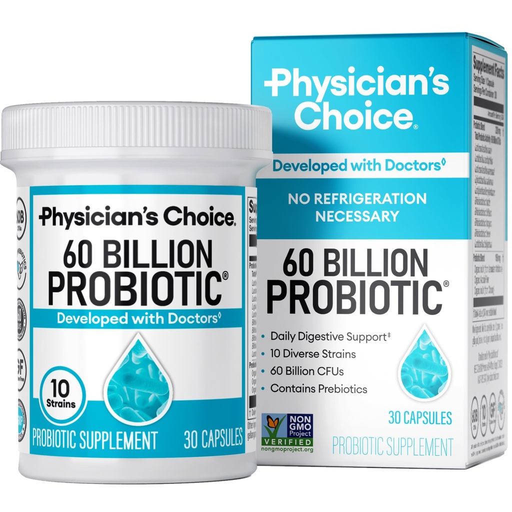 Doktor'un Seçim Probiyotikleri 60 Milyar CFU - 10 Strains + Organik Prebiyotikler - Immune, Digestive & Gut Health - Supports Occasional Constipation, Diarrhea, Gas & Bloating - for Women & Men - 30ct
