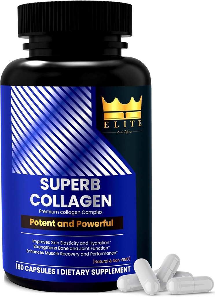 Crown Elite Superb Collagen | Multi-Type Premium Collagen Supplement | Destekler Skin Hydration, Saç Büyüme, Ortak Flexability & Bone Strength | Non-GMO, Grass-Fed | 180 Capsules, for Women & Men