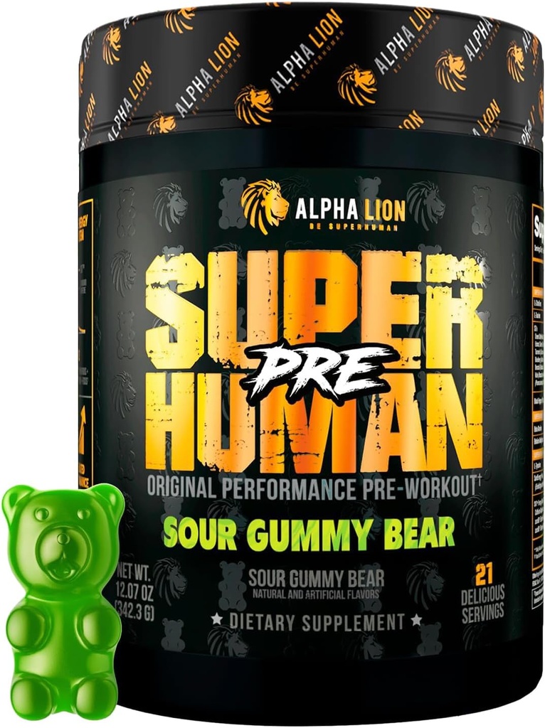 ALPHA LION Superhuman Pre Workout Toz, Beta Alanine, L-Taurine & Tri-Kaynak Sustained Energy & Focus, Nitrik Oksit & Citrulline for Pump (21 Hizmetler, Sour Gummy Bear Flavor)