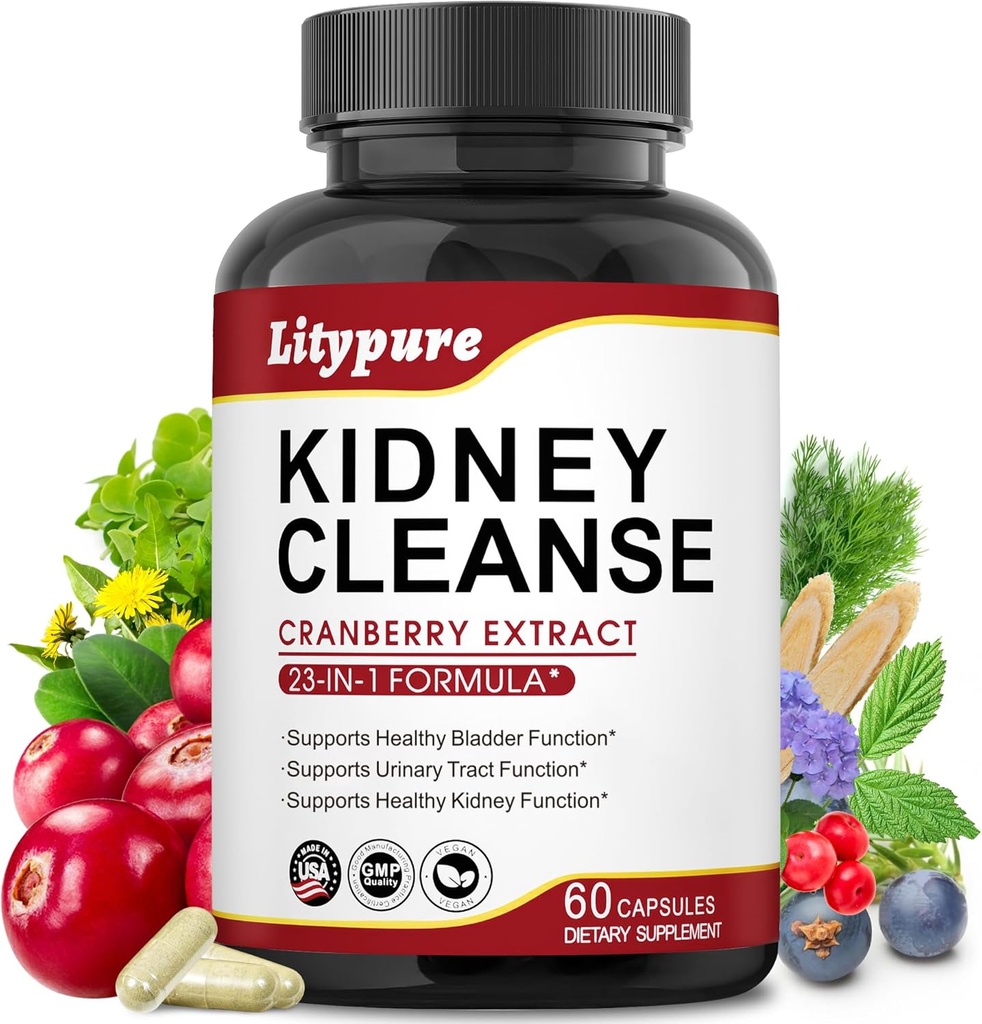 23-in-1 Kidney Cleanse Detox & Tamir 50:1 Cranberry Ekstraksiyon | Urinary Tract Wellness | 60 Capsules