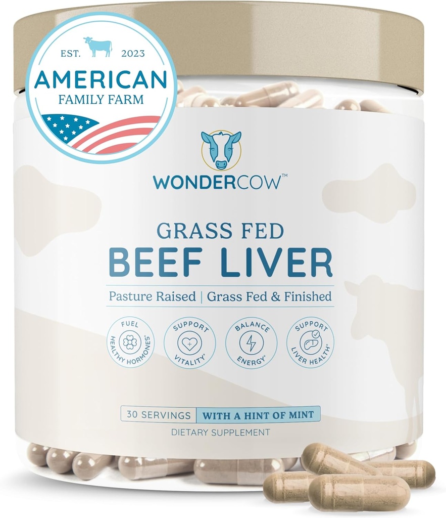 WONDERCOW Beef Liver Capsules Grass Fed Supplement - Protein, Demir, A & B- Boosts Energy ve Immunity | USA Grown, Non-GMO, Gluten Free