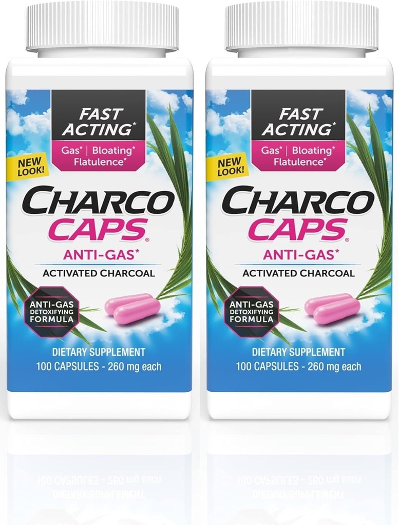 Charcocaps Fast Acting Gas Relief for Bloating & Flatulence, Drug Free Detoxating Aktif Charcoal Formula, 100 Capsules, 30 Day Supply, Pink- Pack of 2