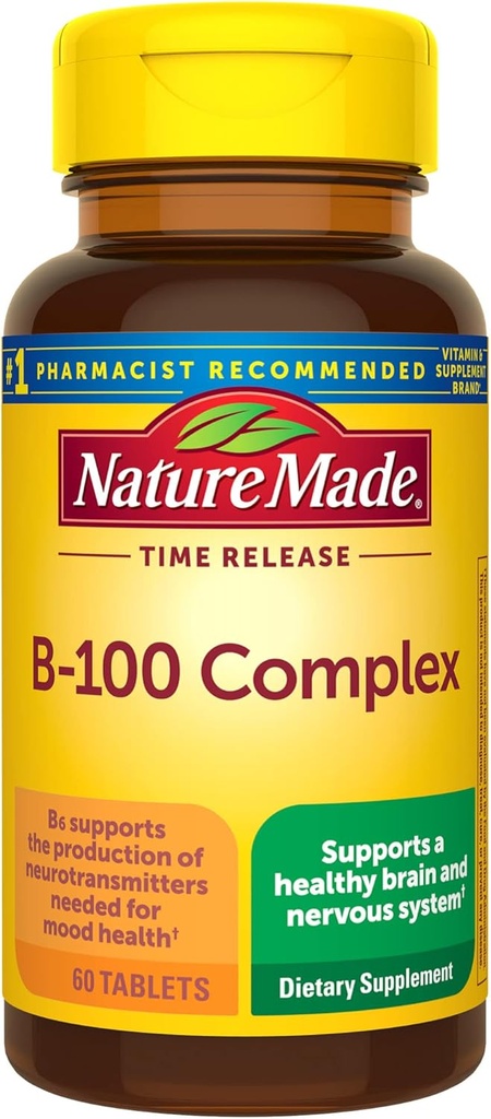 Nature Made Time Release B-100 High Potency B Complex, Diyetary Supplement for Nervous System Function Support, 60 Time release Tabletleri, 60 Gün Supply Supply