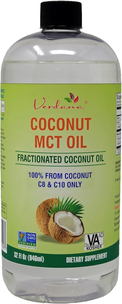 Verdana Food Grade MCT Oil 32 oz için - Keto Coffee, Unflavored Natural Oil Pulling Mouthwash & Masaj - 100% Coconut Türlü Fractioned Oil – Medium Chain Triglycerides C8 C10 –Non-GMO, Kosher