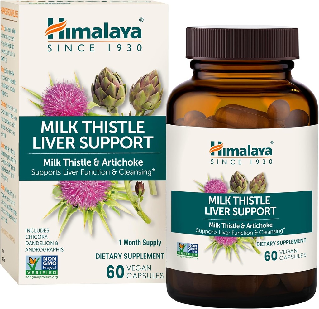 Himalaya Milk Thistle Liver Support - με Chicory, Andrographis, Dandelion, και Silymarin για τον καθαρισμό του ήπατος, Detox και λειτουργία - Vegan, μη Γλουτένη, 350 mg, 60 κάψουλες