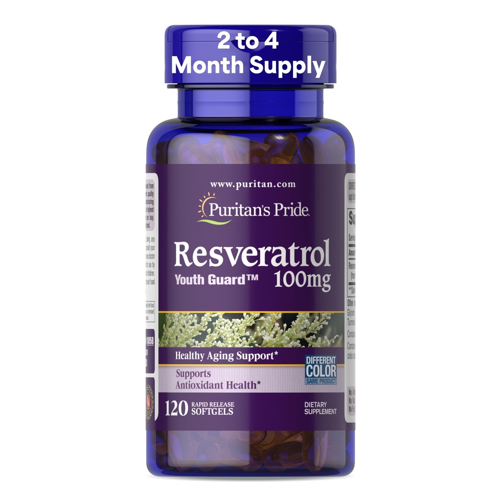 Puritan's Pride Premium Resveratrol Youth GuardTM 100mg, Συμπλήρωμα διατροφής για το ανοσοποιητικό σύστημα, αντιοξειδωτικό, Μεταβολισμός ζάχαρης, ροή αίματος, και υποστήριξη αγγειακής λειτουργίας, 120 Softgels ταχείας απελευθέρωσης