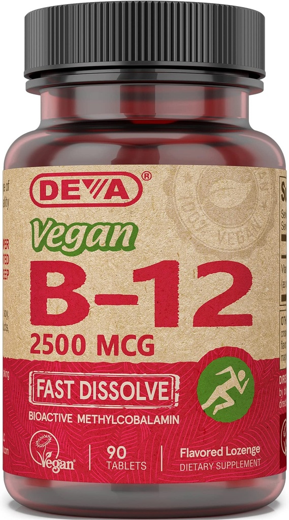 DEVA Διατροφή Vegan Υπογλώσσια Δισκία ταχείας διάλυσης B-12, 2500 mcg, 90 Count