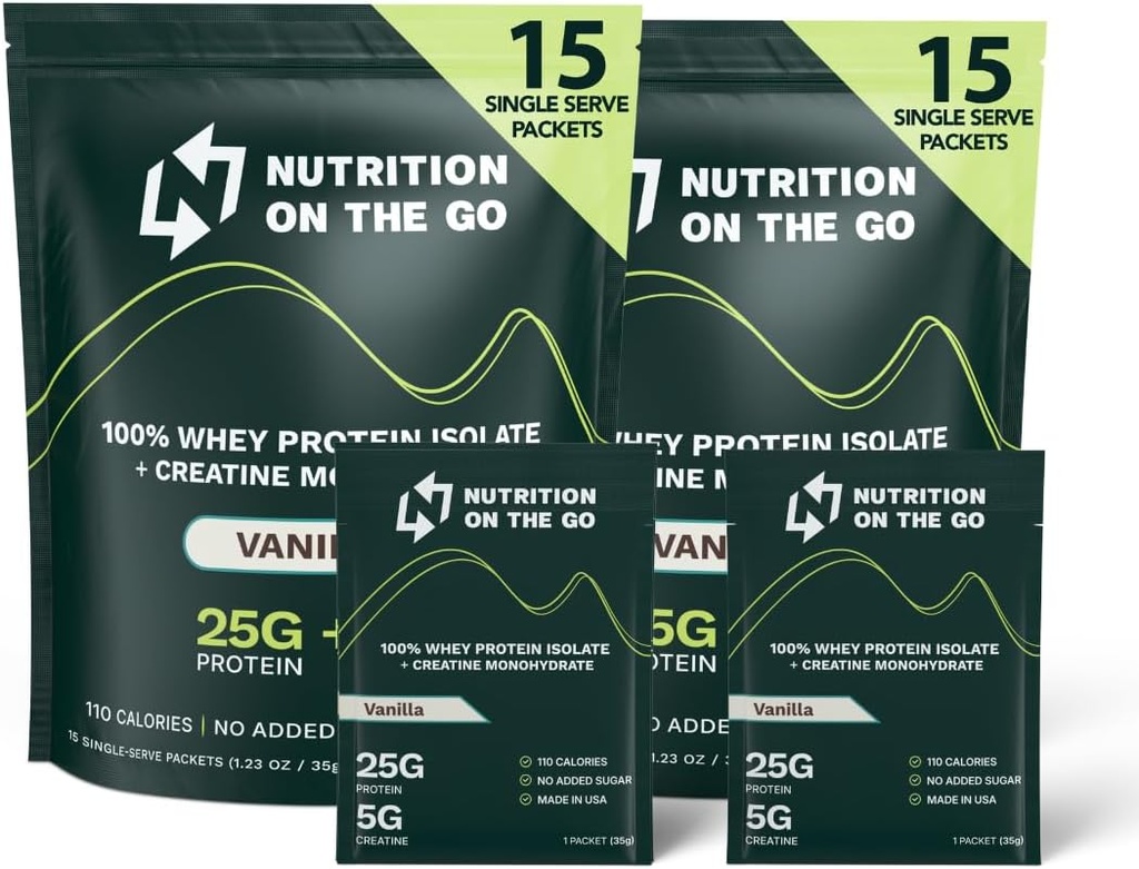 Nutrition On The Go Whey Protein Isolate Packets with Creatine – 25g Protein + 5g Creatine – Single-Serve Travel Protein Powder – Vanilla (30-Pack)