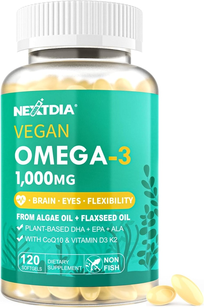 Vegan Omega 3 DHA EPA ALA Supplement with 5000IU Vitamin D3 K2 (MK7), Kadın Erkekler için CoQ10 | Fish Oil Alternative | Plantive Algae Oil Omega 3 1000 mg Pills for Bone, Brain, Eye, Skin | 120 Softgels