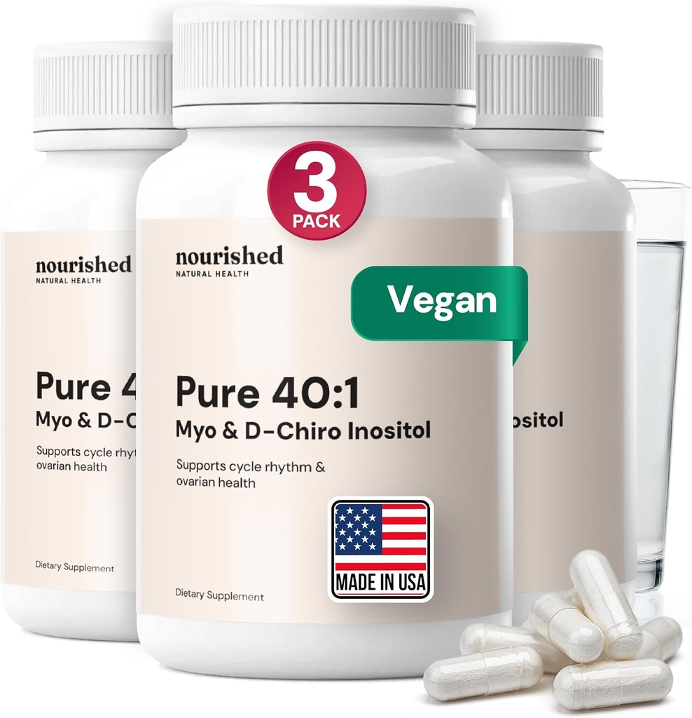 Nourished 40:1 Myo-inositol & D-Chiro Inositol - Συμπλήρωμα για γυναίκες με γονιμότητα, την υγεία του δέρματος, ή εμμηνορρυχεία συμπτώματα κύκλου - Ορμονική ισορροπία για γυναίκες - 360 κάψουλες