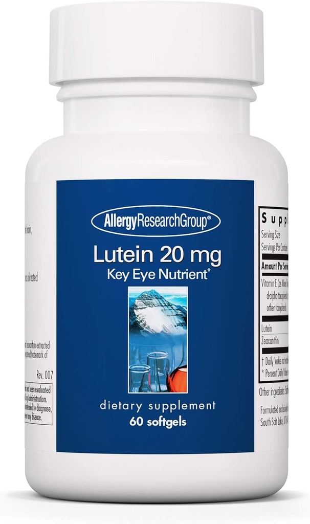 Allergy Research Group Lutein Supplement - Eye Vitamins, 20mg Lutein and Zeaxanthin for Eyes, Eye Health, Sight Care, Softgels - 60 Count