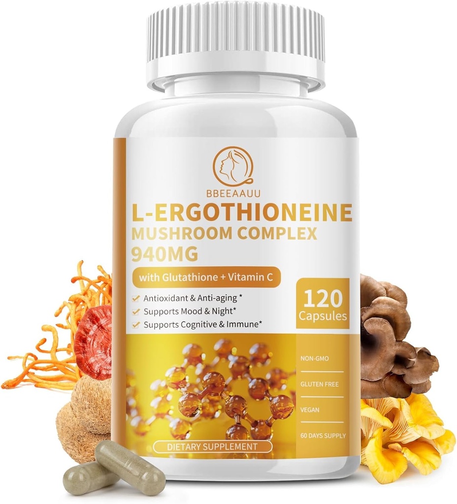 Συμπληρώματα Καψακίων Mushroom Complex, 9 σε 1 με L-Εργοθειονεΐνη, Γλουταθειόνη, Lions Mane, Reishi, Cordyceps, Βιολογικά Εκχυλίσματα Μανιταριών για Ανοσοποιητική & Αντιοξειδωτική Υποστήριξη 120 Counts-Non GMO, Vegan