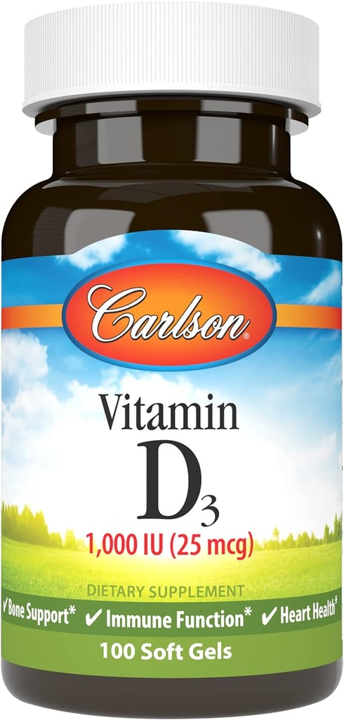 Carlson - Vitamin D3, 1000 IU (25 mcg), Bone Health, Muscle Health, Cholecalciferol, D Supplements, D3 Soft Gels, 100 Softgels