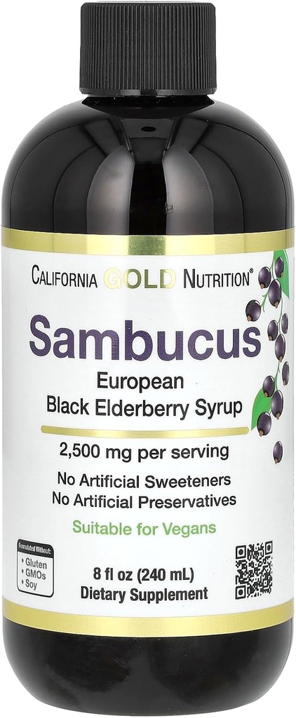 California Gold Nutrition Elder Syrup, Black Elderberry (Sambucus nigra) Juice, Mevsimlik Immune Support, Yapay Öngörücüler veya Sweeteners, 2500 mg, 8 fl oz (240 ml)