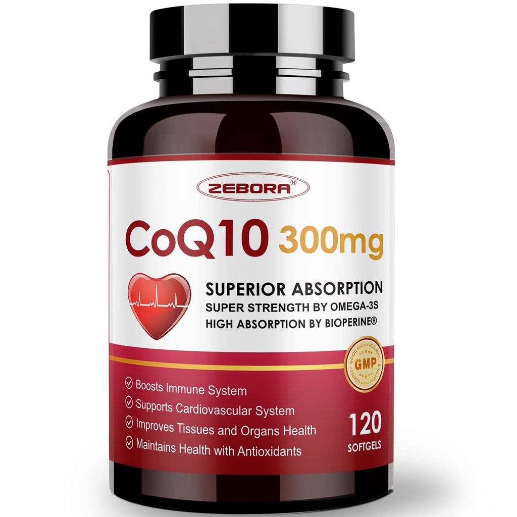 ZEBORA CoQ10-300 mg-Softgels with PQ, BioPerine & Omega-3, 120 Servisler Coenzyme Q10 (Ubiquinone) Tamam for High-Ab component, Güçlü-Antioxy, Support Heart-Health & Energy-Production
