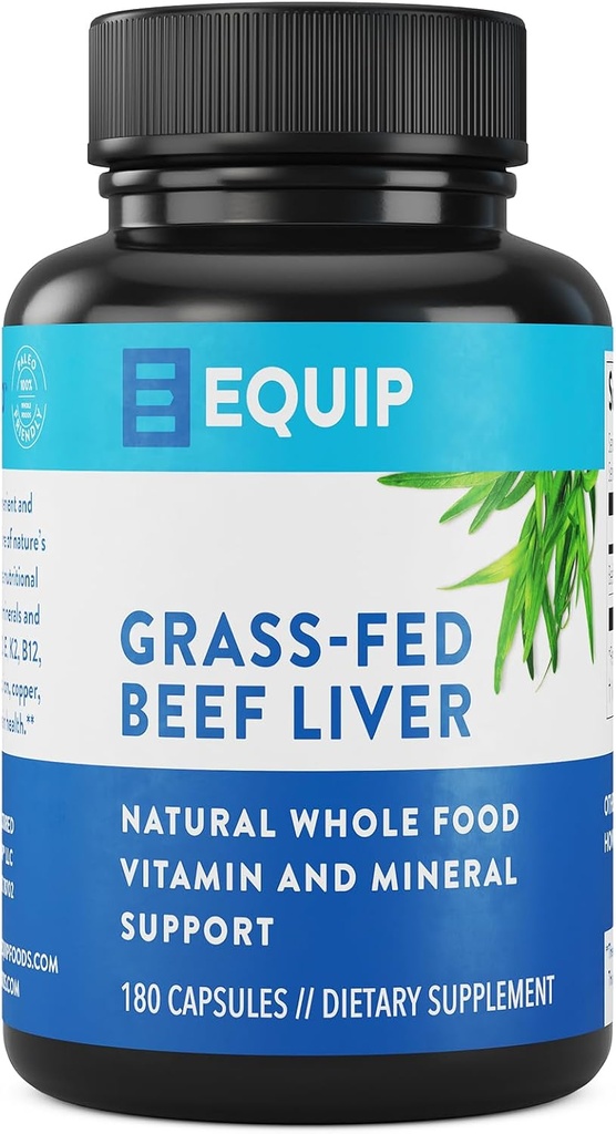 Equip Foods Grass-Fed Beef Liver | Natural Desiccated Beef Liver Supplement | Support Heart Health, Brain Function, Digestion, Metabolism, Immunity, Detoxification | 180 Capsules, 30 Servings