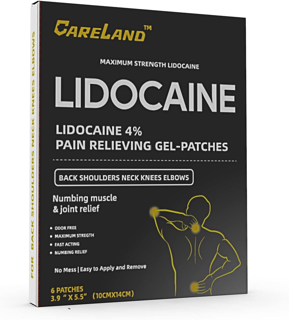CARELAND 4% Lidoka Gel Patch, 6 Kont | Boy Diz Arka ve Omuz omuzlarında Kas Yardımı Için En Güçlü Ağrı Patchleri | Soothing Nerves için Numbing Patch, Ortaklar