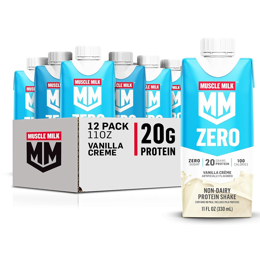 Muscle Milk Zero protein Shake, Vanilla Crème, 11 Fl Oz Mirror, 12 Pack, 20g Protein, Zero Sugar, 100 Calories,dis, Vitamins A, C & D, 4g Fiber, Energating Snack, Ambalaj Vary,12 Kont (kıy)
