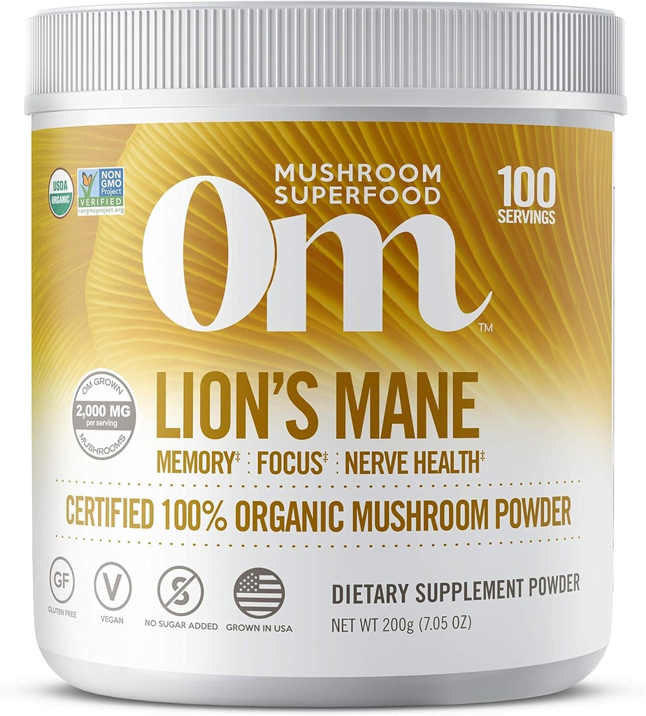 Om Organik Mushroom Beslenme Lion's Mane: Memory, Focus, Nerve Health, 100 hizmet veriyor, 7.14 Ounce, 200 Gram