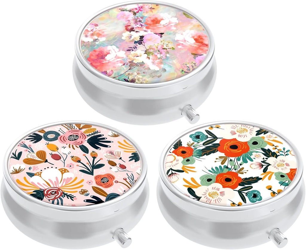 3 Pack Pill Box, μικρή θήκη χαπιών για πορτοφόλι & τσέπη, χαριτωμένο ταξιδιωτική ιατρική Organizer, Φορητός κάτοχος δοχείου ιατρικής για να κρατήσει βιταμίνες, φαρμακευτική αγωγή, ιχθυέλαιο & συμπλήρωμα, ροζ λευκά λουλούδια
