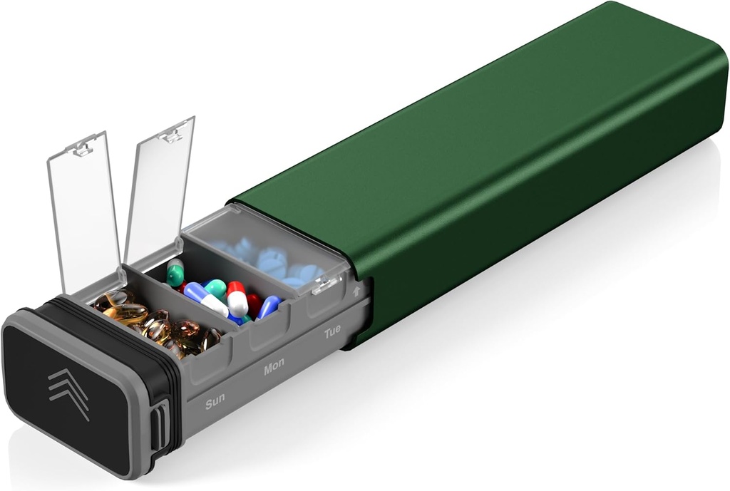 7 Günlük Metal Pill Organizer Seyahat, Kursoaya Premium Alüminyum Günlük Pill Box, Cute Portable Pill Case, Büyük Kapasite Pillrec for Supplements, Pills, Vitaminler, Tıp (Hunter Green)