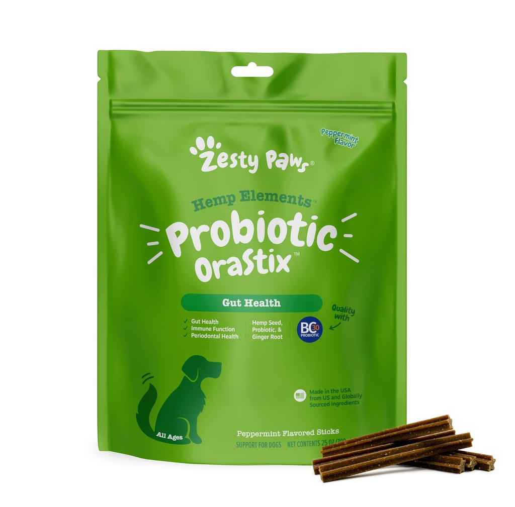 Zesty Paws OraStix για σκύλους - Probiotic Sticks με κάνναβη Σπόροι Curcumin Ginger Root Taurine - Υποστηρίζει λειτουργία του εντέρου Φλώρα ανοσοποιητικό σύστημα Ιδιοκτησία υγιή δόντια Gum Blend - 25oz