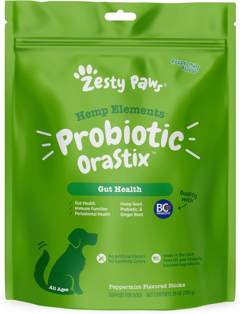 Zesty Paws OraStix for Dogs - Probiyotik Sticks with Hemp Seed Curcumin Ginger Root Taurin - Supports Gut Function Flora Immune System Proprietary Health Teeth Gum