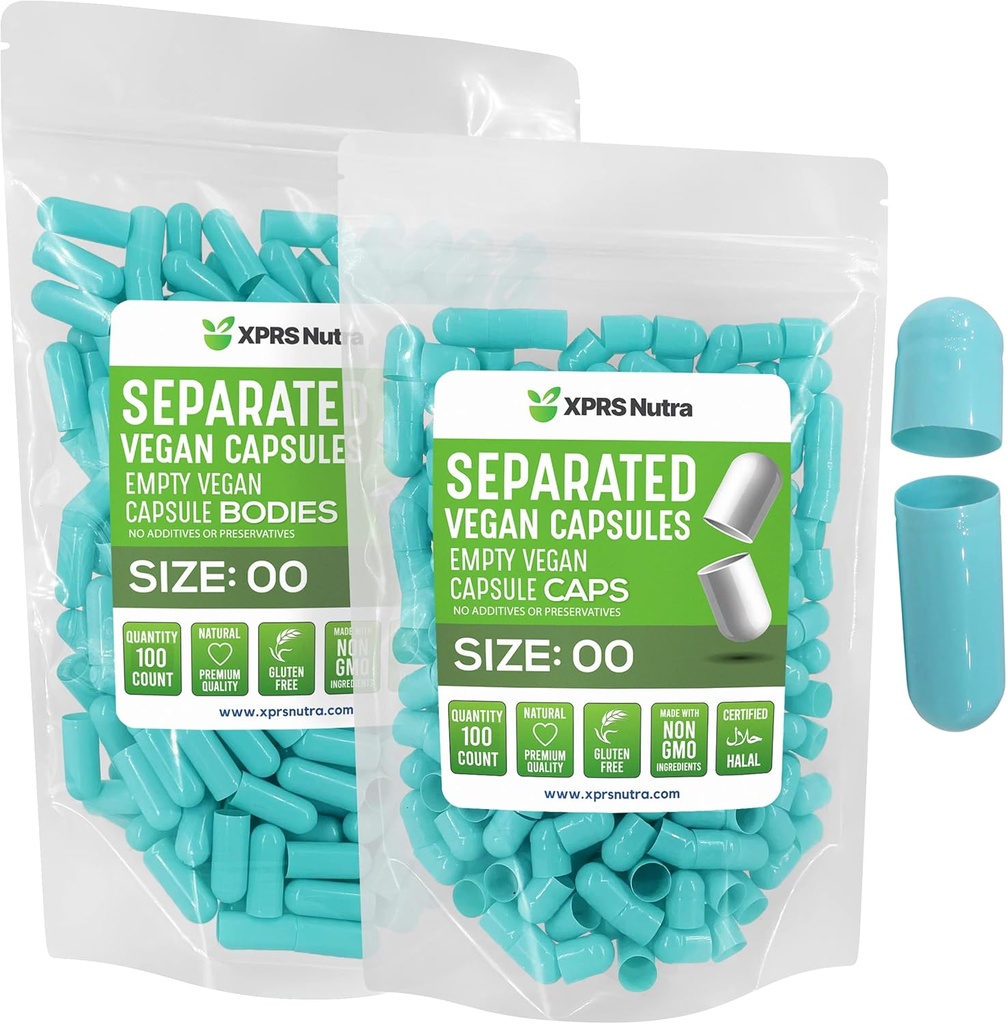 XPRS Nutra Vegan Μέγεθος 00 Χωριστές κάψουλες - 100 Count Premium Άδειες κάψουλες χωρίζονται σε τσάντες - 00 Χάπια Κενά για συμπλήρωση συμπληρώματος DIY (Aqua)