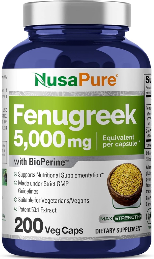 NusaPure Fenugreek Capsules, 50:1 Ekstraksiyon, 100 mg 5.000 mg, 200 Veggie Caps, Non-GMO, Vegan