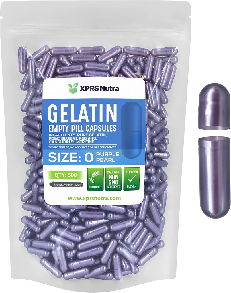 XPRS Nutra Boyutu 0 Boş Kapsüller - 500 Kont Boş Gelatin Capsules - Pills DIY Capsule - Pure Bovine Pill Gel Caps For Do-It- Yourself Supplements (Pearl Mor)
