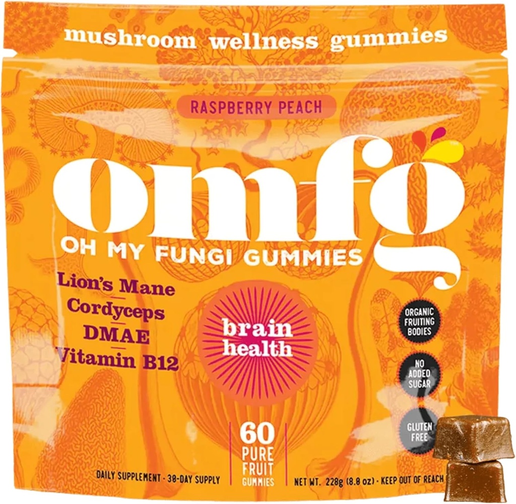 OMFG Mushroom Gummies for Brain Health Support – Supplement to Support Cognitive Function, mental Clarity, Focus & Energy W/Lions Mane, Cordyceps, B12, DMAE, Vegan - Raspberry/Peach Flavor (60 Kont)