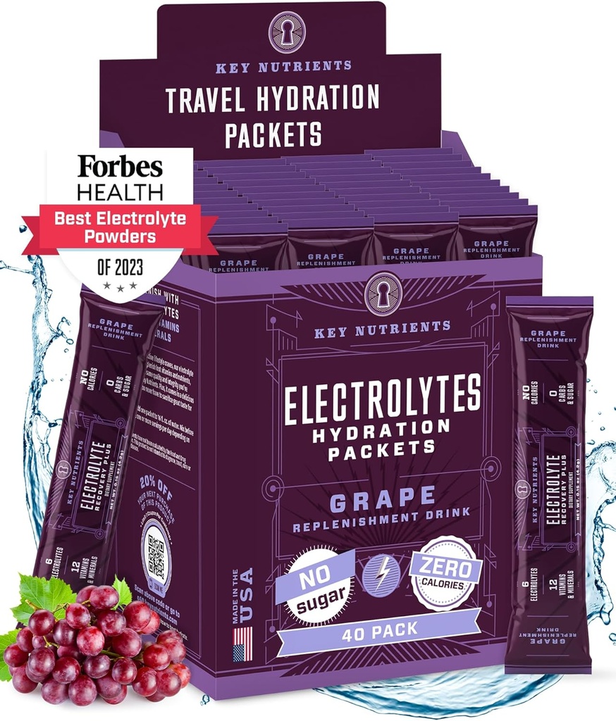 ΚΛΕΙΣΤΙΚΑ ΦΥΤΑ Ηλεκτρολύτες Powder Packets - Fruity Grape 40 Pack Hydration Pack - Travel Hydration Powder - Χωρίς ζάχαρη, χωρίς θερμίδες, Χωρίς γλουτένη - Κατασκευασμένο στις ΗΠΑ