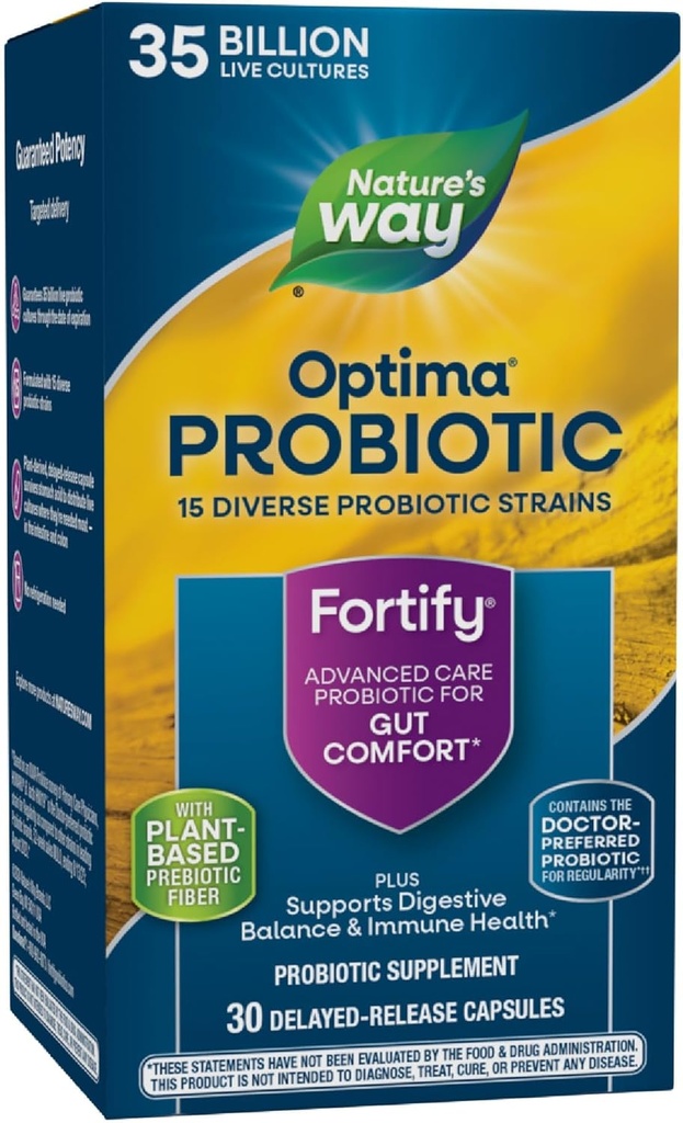 Nature's Way Fortify Optima Probiyotik for Yetişkinler, 35 milyar Live Cultures, 15 Strains, Supports Digestive Balance and Immune Health*, No Refrigeration Required, 30 Capsules (Package May Vary)