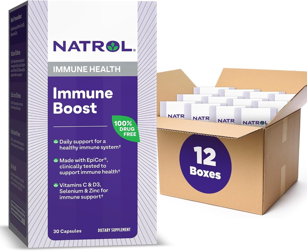 Natrol Immune Boost Capsules, Immune Support, Made with EpiCor Klinikly Tested, Vitamins C, D3, Selenium ve çinko, 30 Kont (12. paketi)