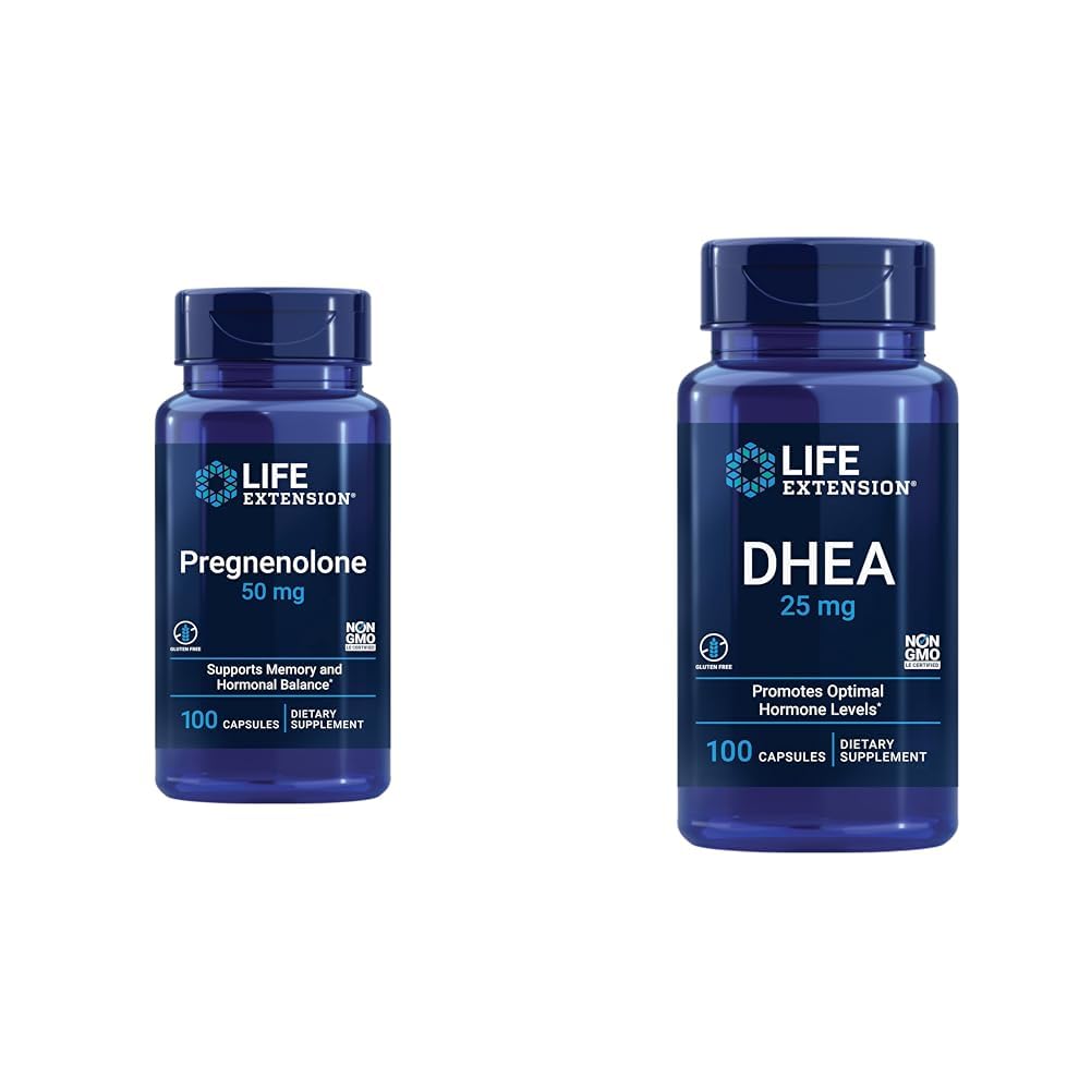 Life Extension Pregnenolone 50mg και DHEA 25mg - Ορμονική Ισορροπία και Αντιγηραντική Συμπληρώματα - 100 Κάψουλες Κάθε μία