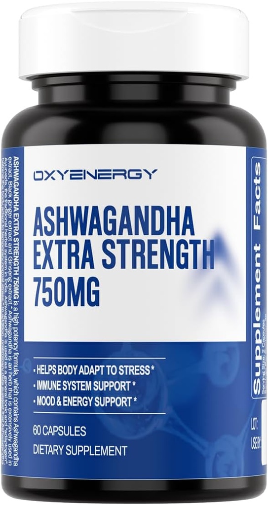 OxyEnergy Ashwagandha Extra Strength-750 mg-Stress Relief- Immune & Energy Support - Gluten, Süt & Soy Free - 60 Capsules