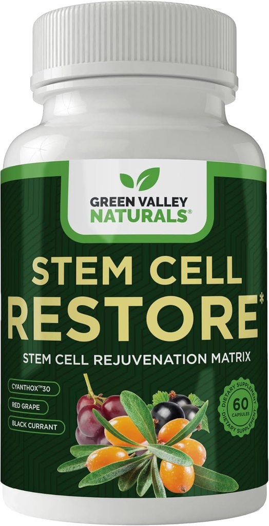 GREEN VALLEY NATURALS Stem Cell Supplement - Organik Tibet Denizi Buckthorn-Resveratrol, D vitamini Bishop's Hat Ekstraksiyon (1 Şişe, 60)