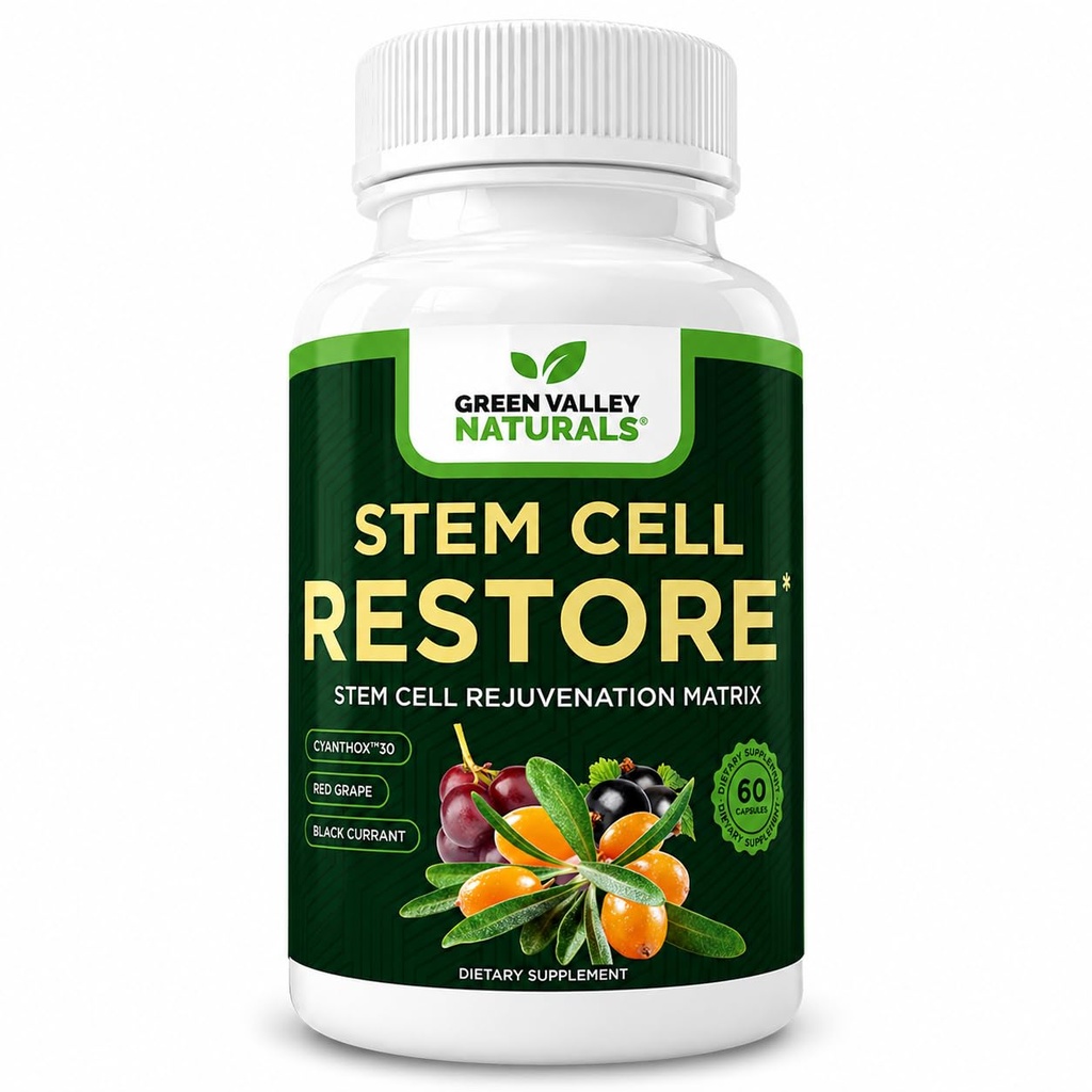 GREEN VALLEY NATURALS Stem Cell Supplement - Organik Tibet Denizi Buckthorn-Resveratrol, D vitamini Bishop's Hat Ekstraksiyon (1 Şişe, 60)
