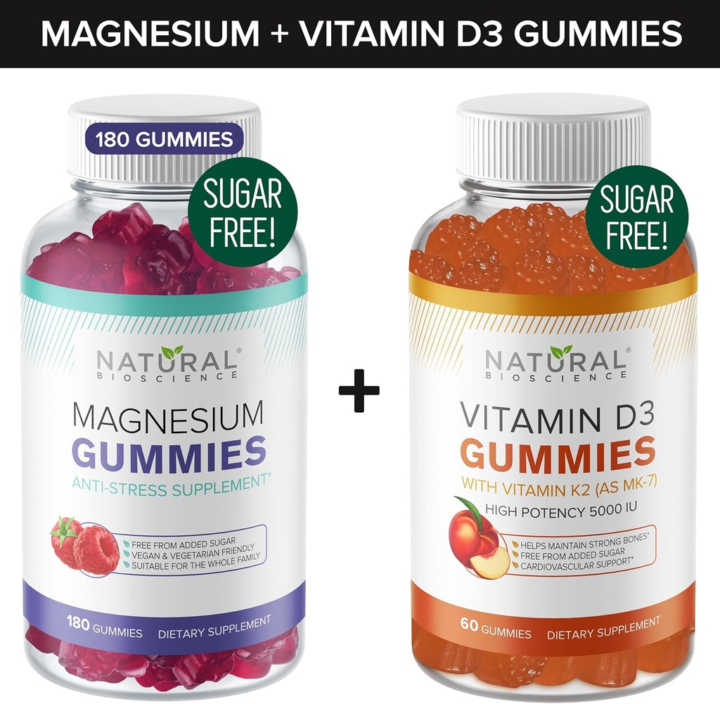 Gummies μαγνησίου χωρίς ζάχαρη (180 Gummies) & Βιταμίνη D χωρίς ζάχαρη Gummies (60 Gummies) – Αξία Ανοσοποιητικής Υποστήριξης & Χαλαρώσεως Δέσμη, Χωρίς ζελατίνη, Χωρίς γλουτένη, Χορτοφαγική, Όλα Φυσικά, Χωρίς ΓΤΟ, Κόσερ