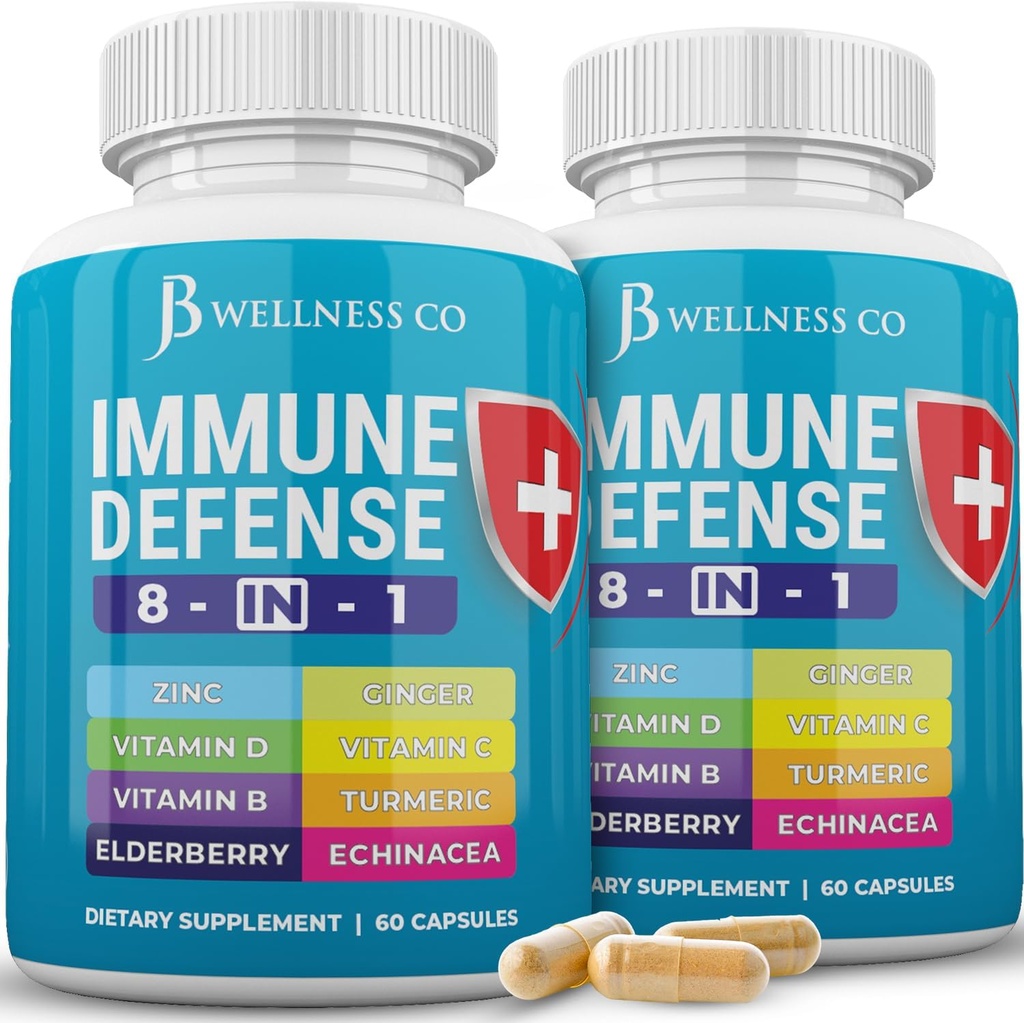 Immune Support 8 in 1 Capsules - çinko Supplement, Vitamin D3, C ve Elderberry - Immune Branson Ginger Root, ve Turmeric - [2-Pack]