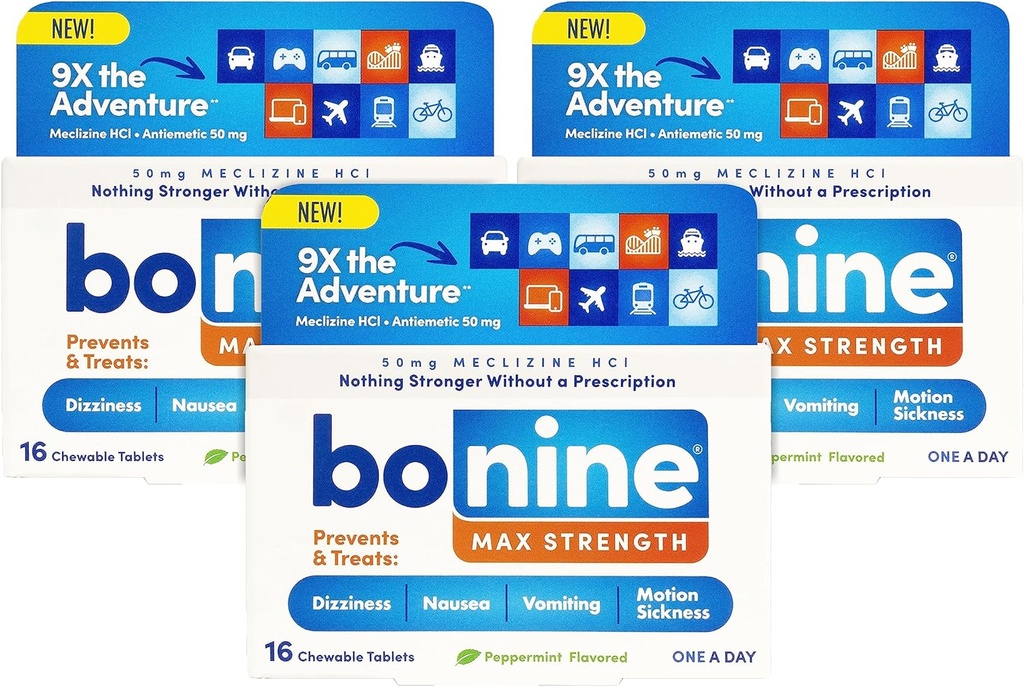 Bonine MAX Chewable for Motion Sickness Relief - with Meclizine HCL 50mg - Max Strength Formula to Treat Nausea or Motion Sickness - Cruise Essentials - Μέντα - 16 Μασώμενα Δισκία, 3 Συσκευασία