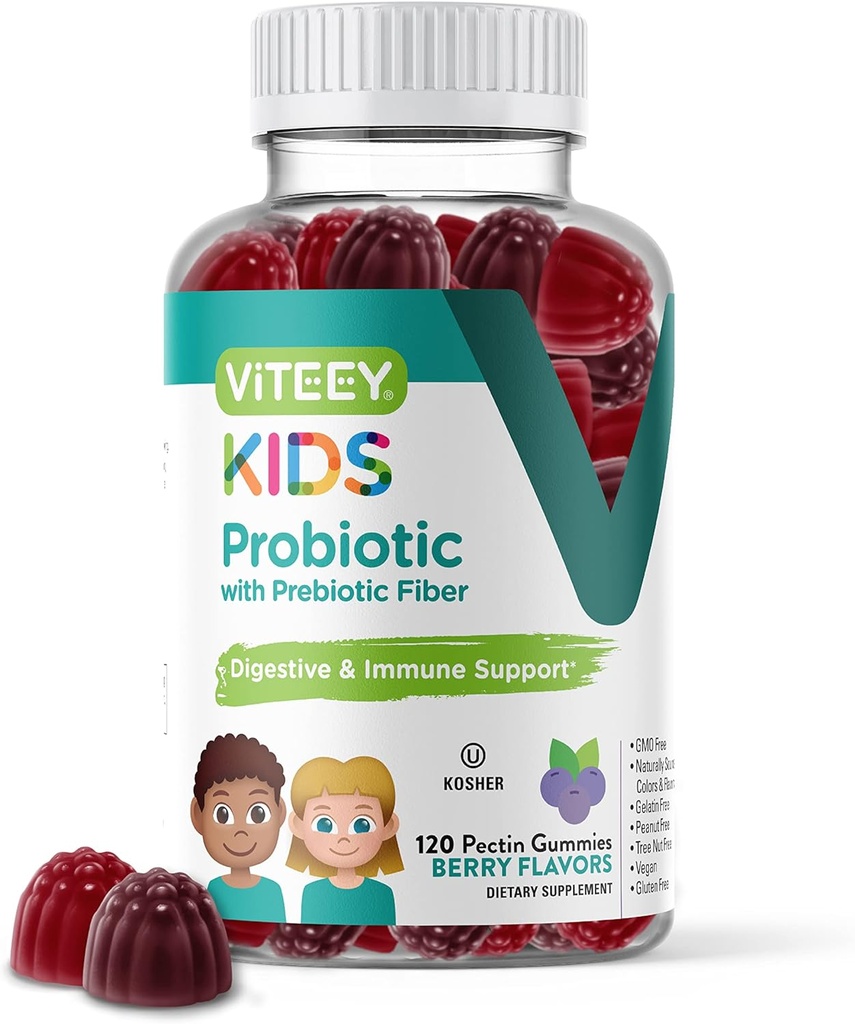 Çocuklar için Viteey Probiyotik Gummies Plus Prebiyotiks Fiber - 2 Milyar CFUs - Digestive Health,Gut Health, Constipation Relief for Kids Support - Vegan, Gelatin Free - Chewable Probiyotik Berry Flavored